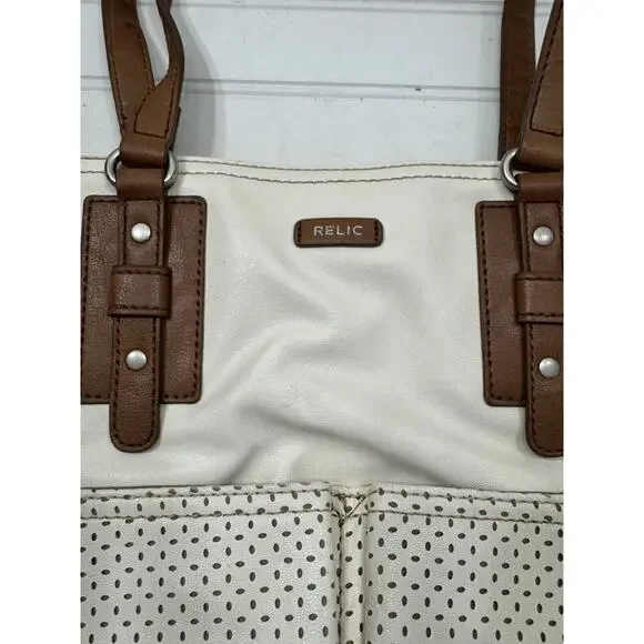 RELIC Shoulder Bag Tote Handbag Ivory Faux Leather with Brown Trim Double Handle - Picture 2 of 7